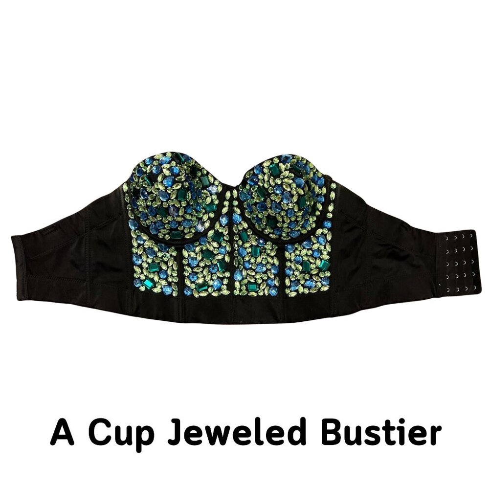 Blue & Green Jewel-Embellished Black Bustier Bra - Halloween Top